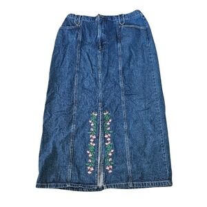 St. Johns Bay Floral Embroidered Denim Maxi Skirt Blue Cotton Plus 16W Cottage
